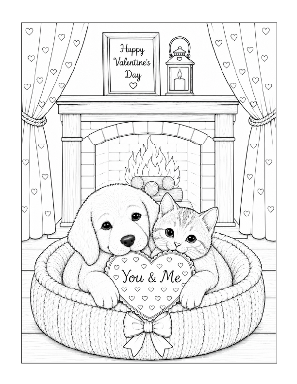 Free printable cozy dog and cat Valentine coloring page